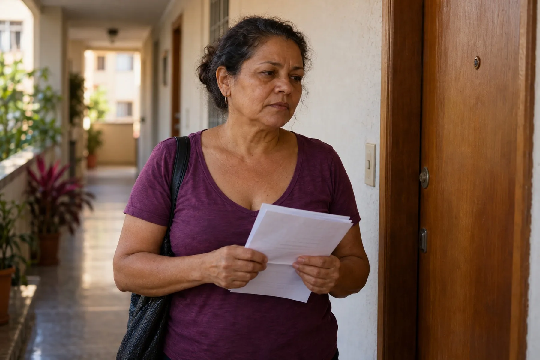 Mulher no corredor de um prédio, em frente a uma porta, segurando um contrato