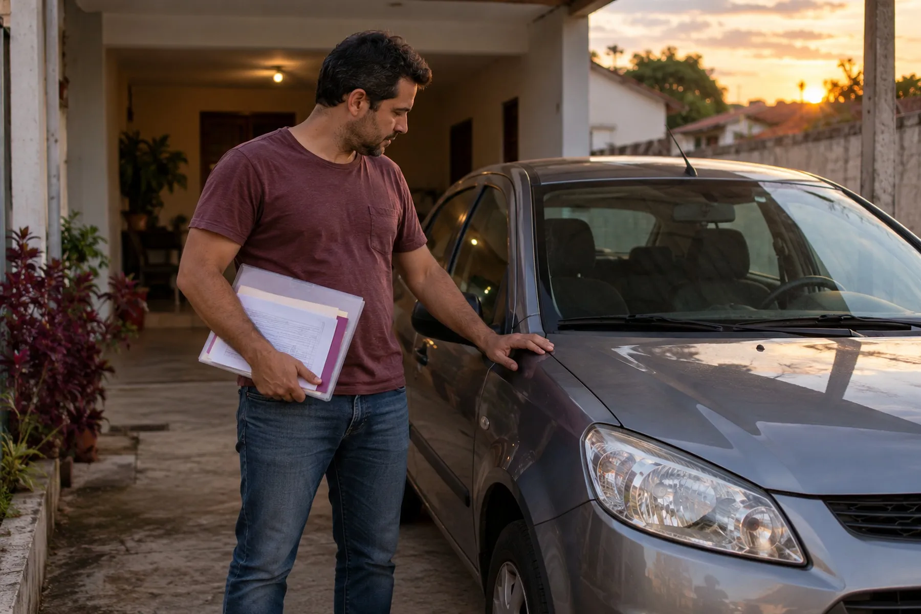 Homem com uma pasta de documentos ao lado do carro na garagem de casa