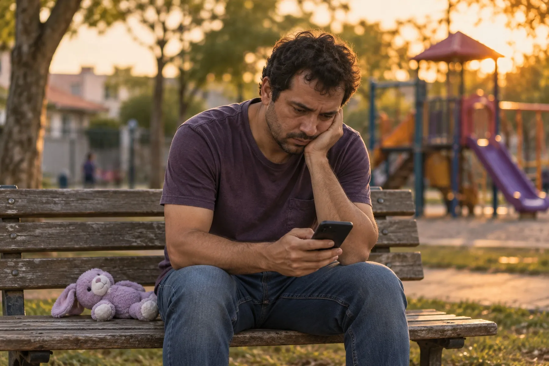 Pai sentado num banco de praça, olhando o celular com tristeza, com um bichinho de pelúcia ao lado