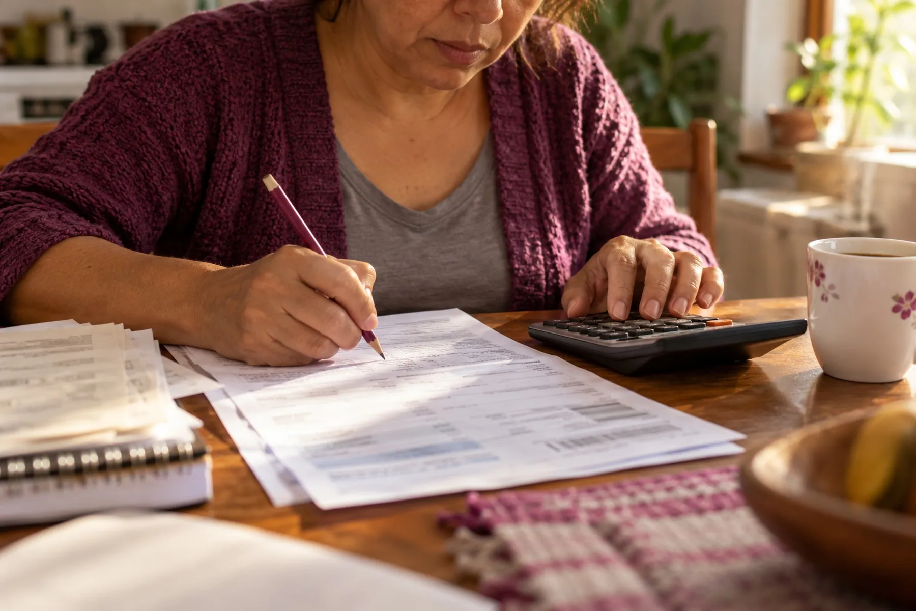 Mulher fazendo contas com calculadora e lápis sobre um extrato bancário