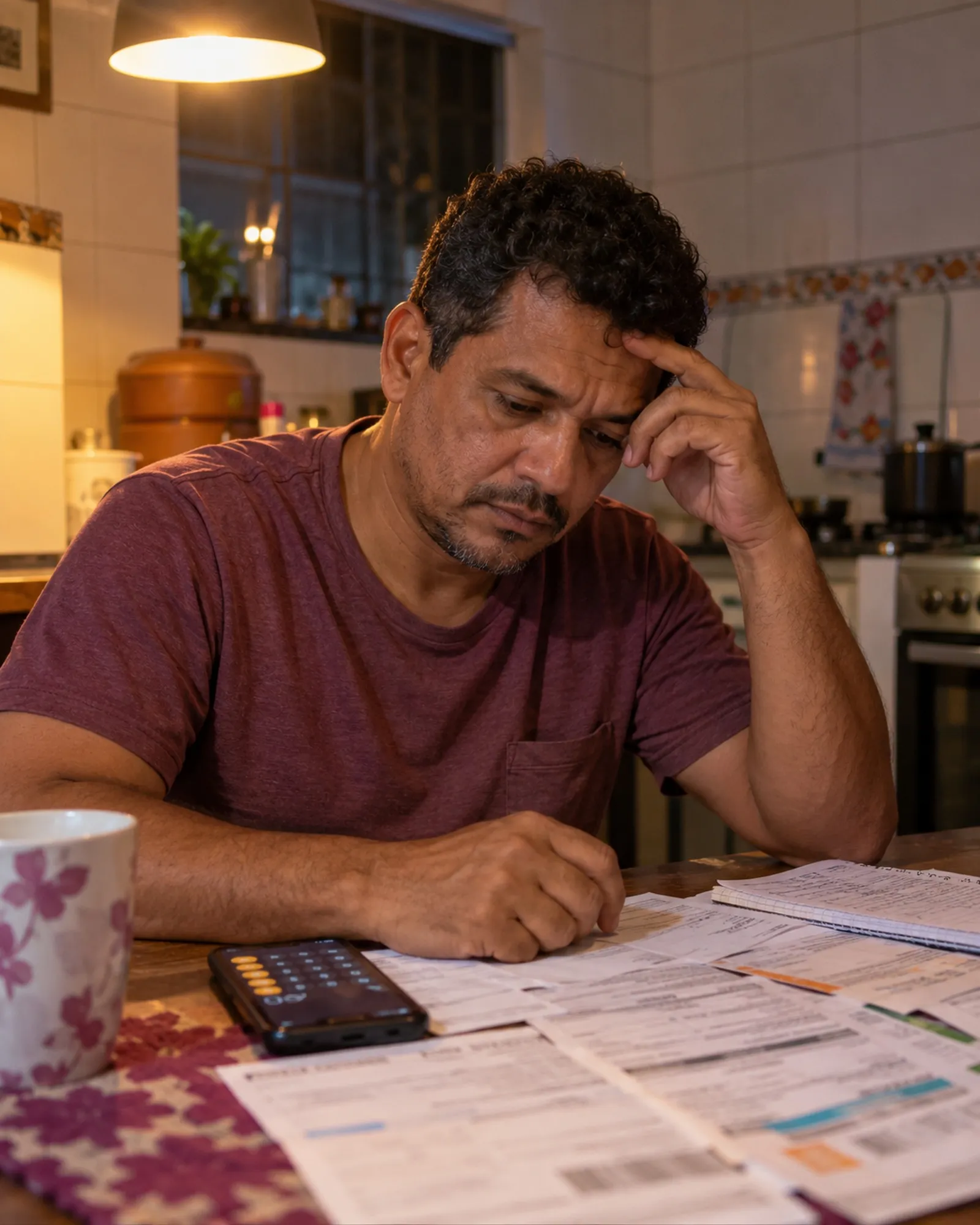 Homem à mesa da cozinha à noite, com a mão na testa, diante de boletos e de uma calculadora