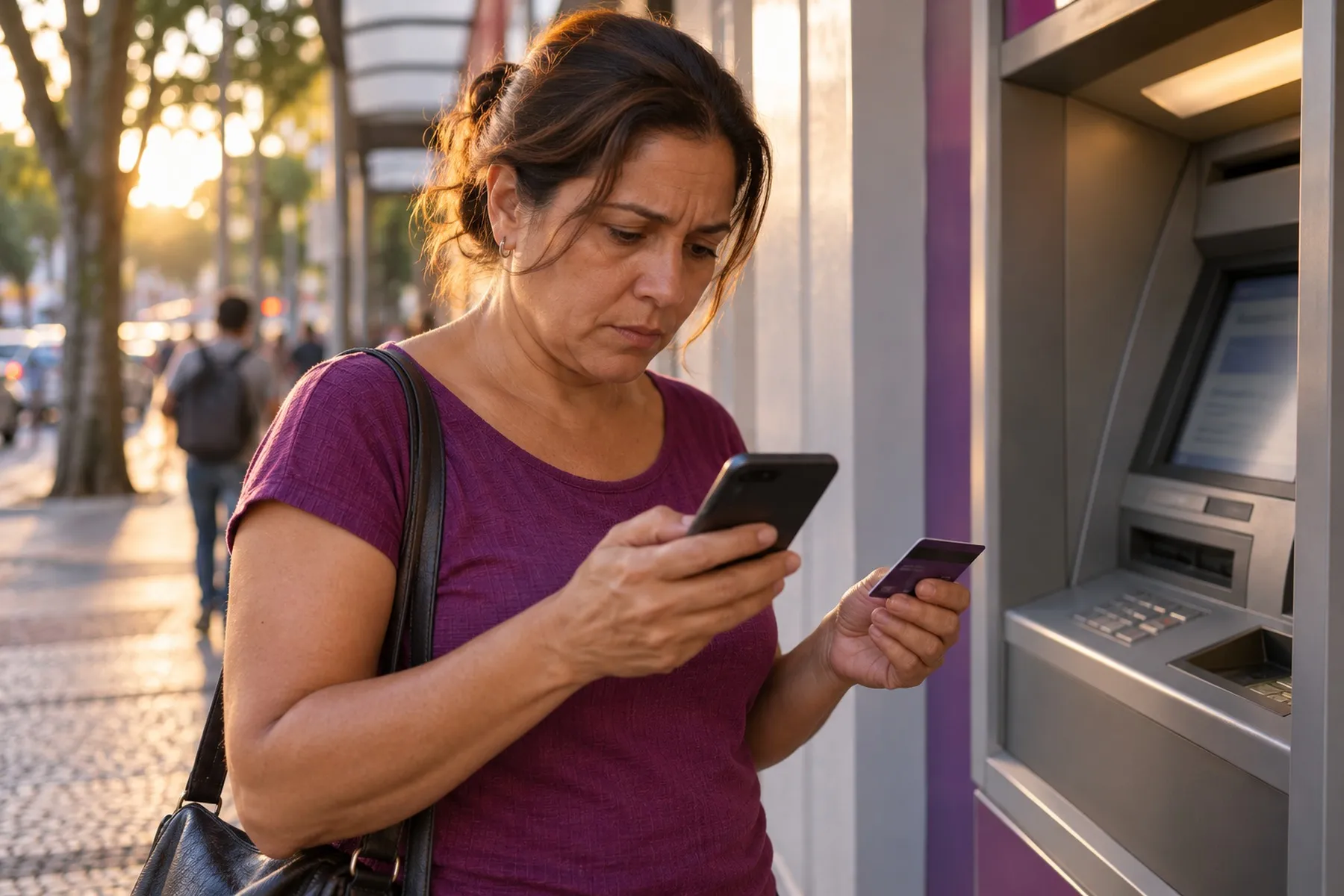 Mulher diante de um caixa eletrônico olhando o celular com preocupação