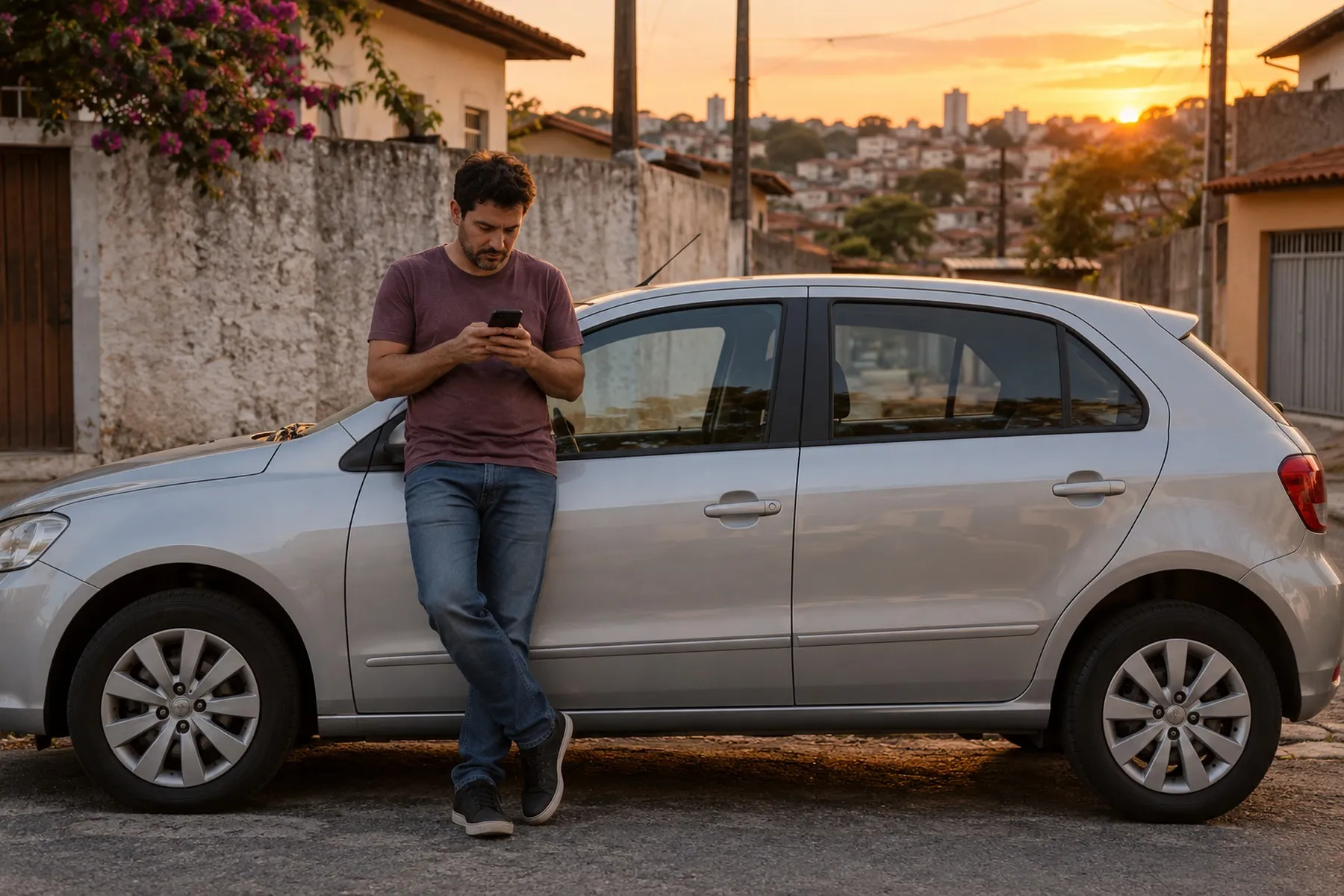 Homem encostado num carro prata numa rua de bairro, olhando o celular ao entardecer
