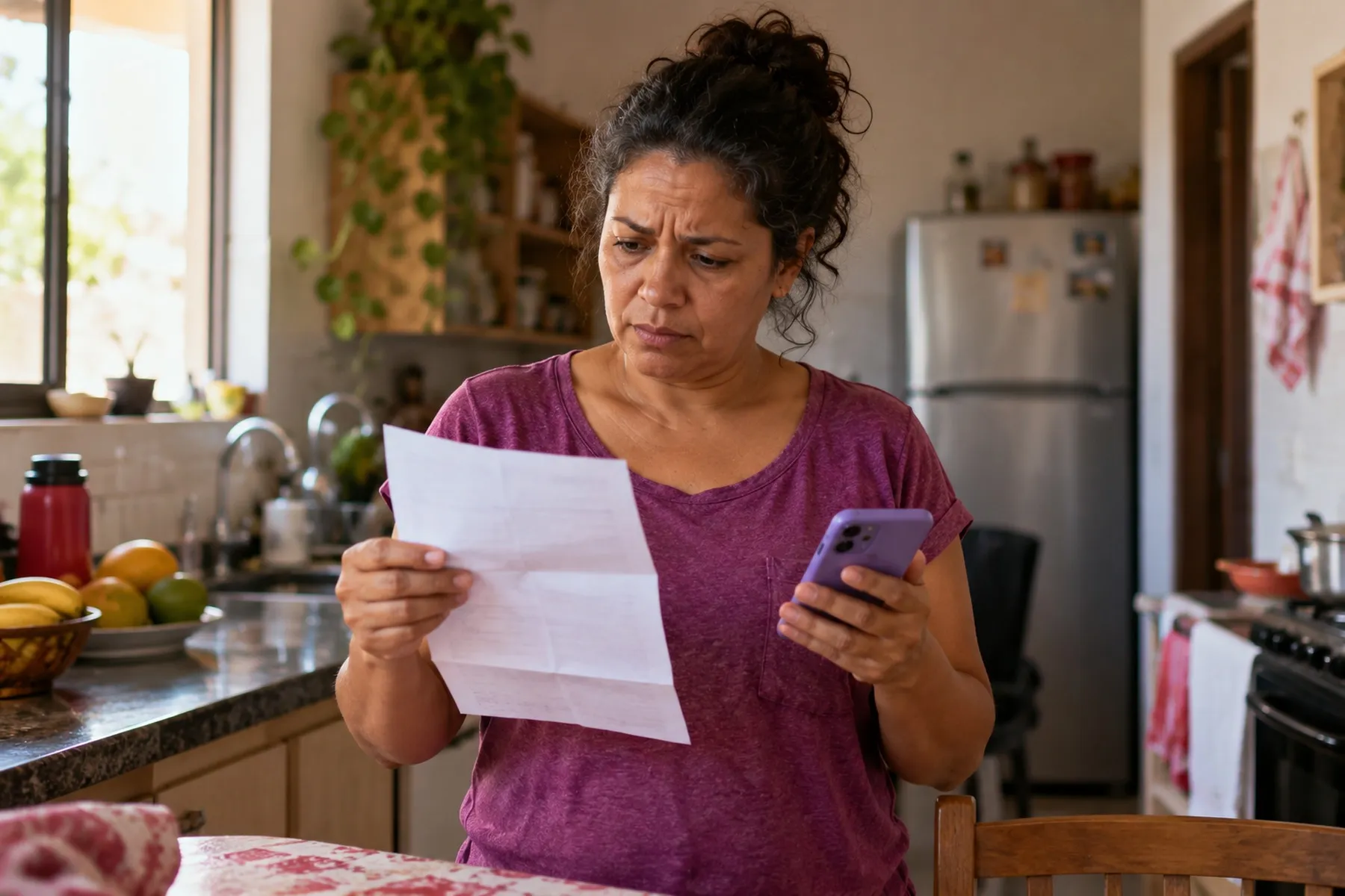 Mulher na cozinha comparando uma conta impressa com o celular, desconfiada