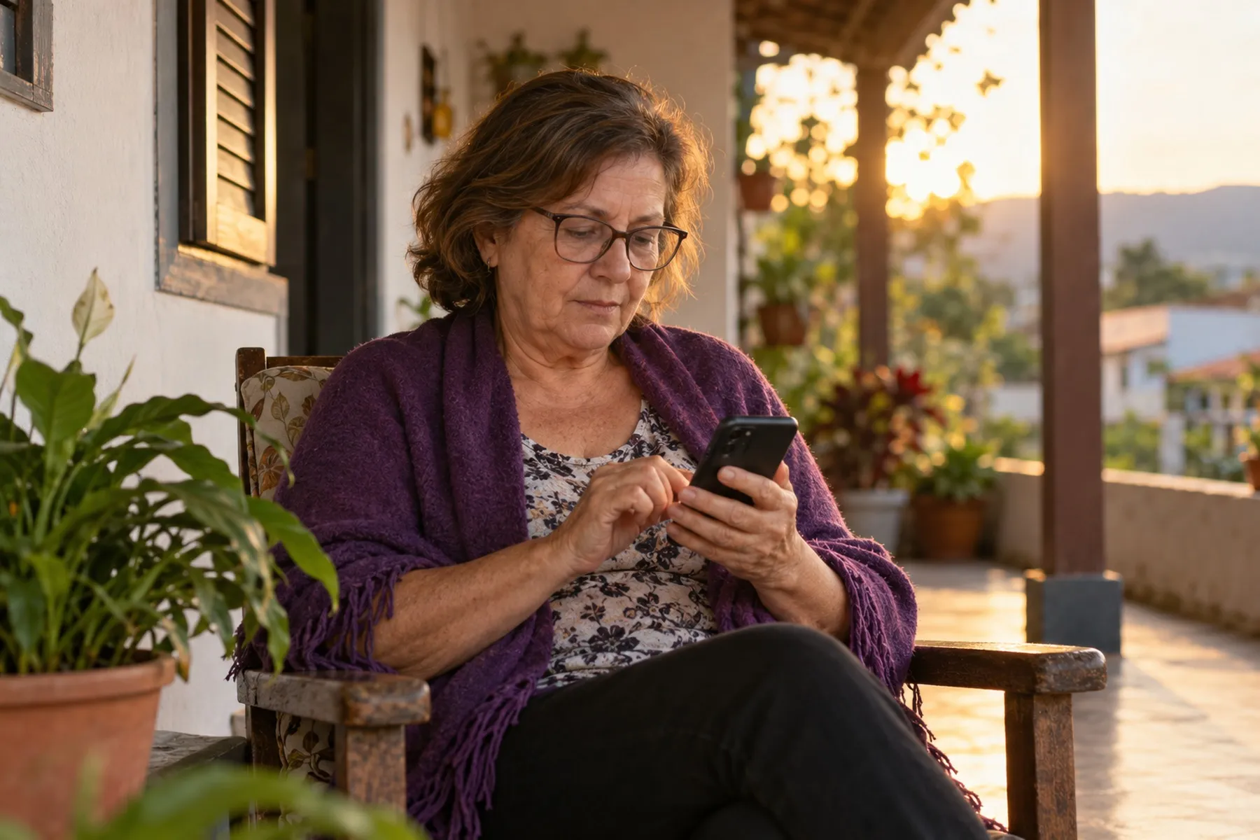 Mulher de óculos na varanda de casa, digitando uma mensagem no celular