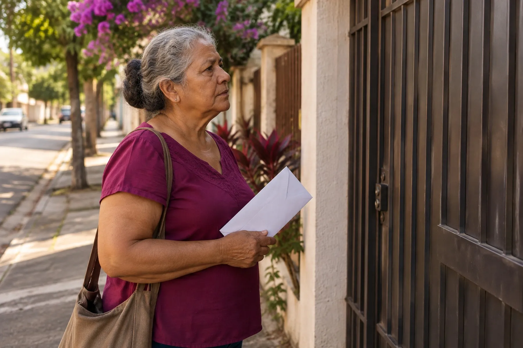 Senhora em frente ao portão fechado de uma casa, segurando um envelope