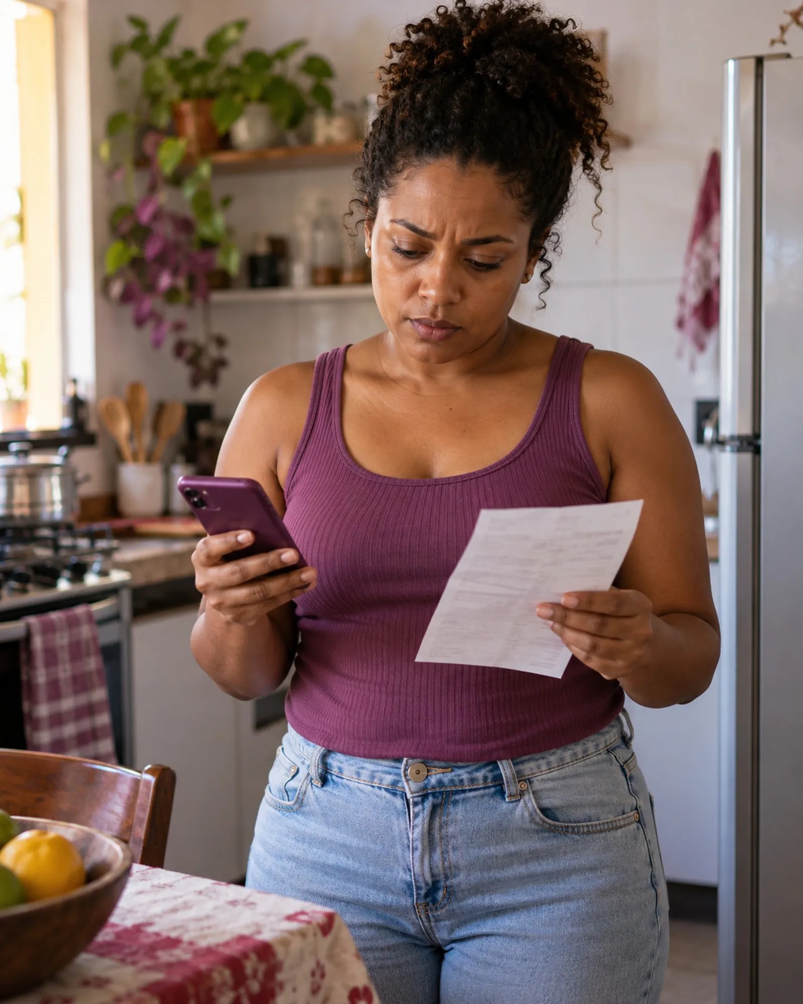Mulher na cozinha conferindo uma conta de papel e o celular, preocupada