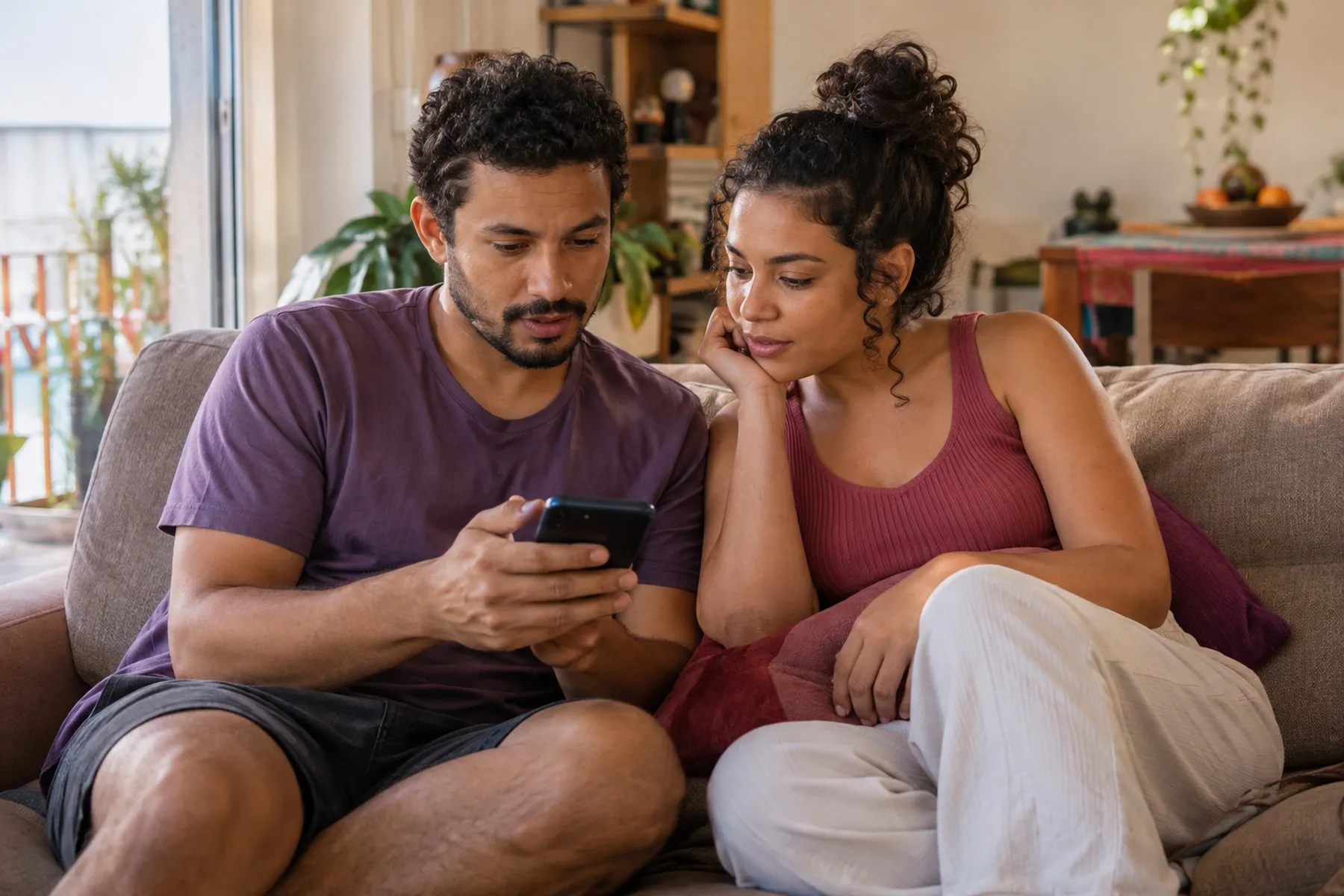 Casal no sofá lendo juntos uma mensagem no celular