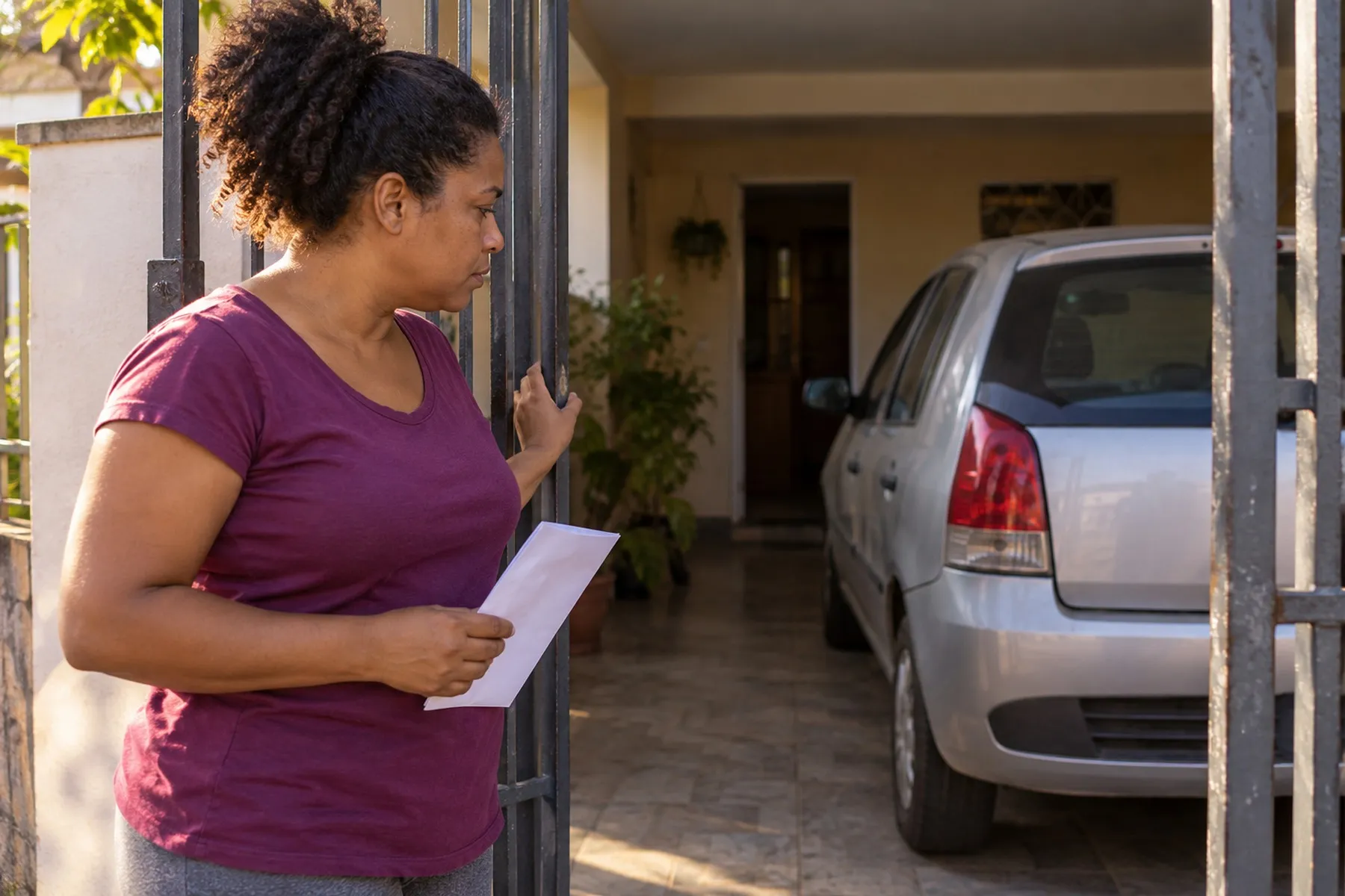 Mulher no portão de casa segurando uma folha, olhando para o carro estacionado na garagem