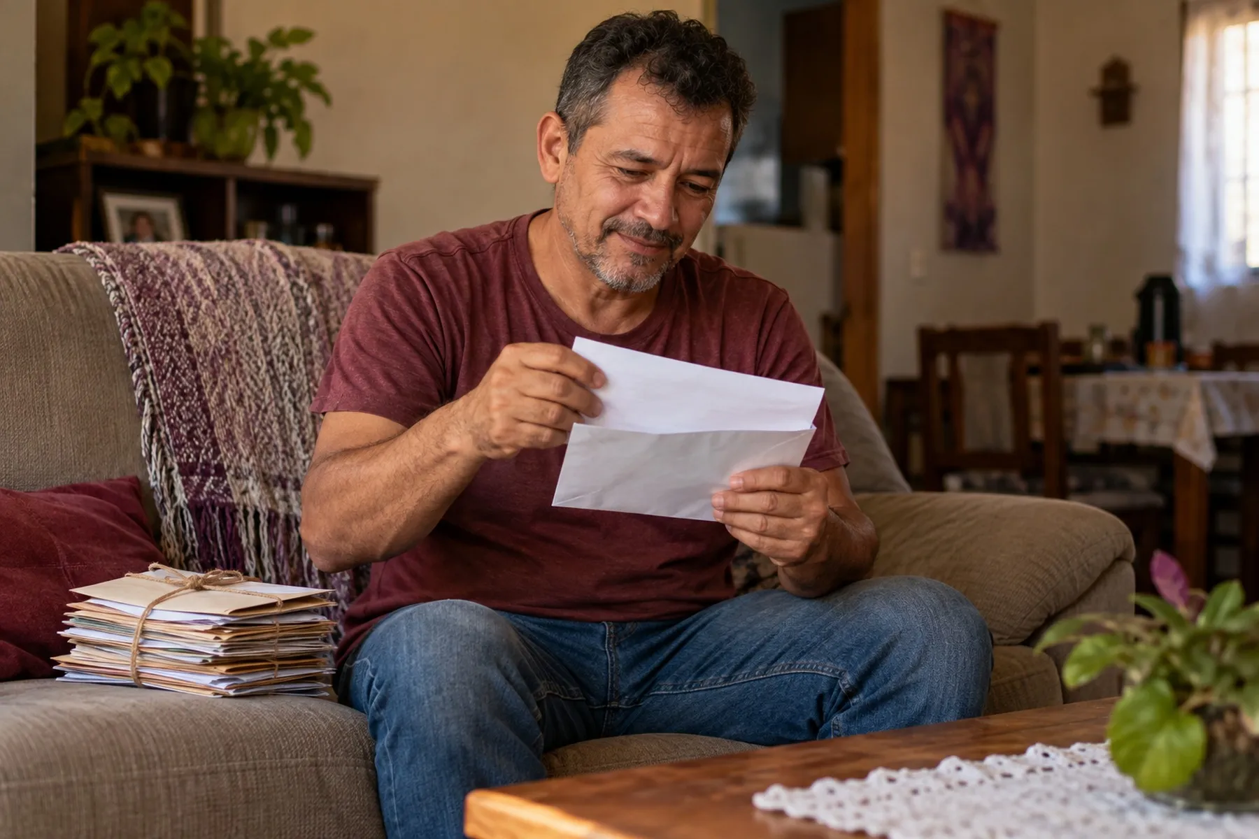 Homem no sofá lendo uma carta, com uma pilha de envelopes antigos amarrados ao lado
