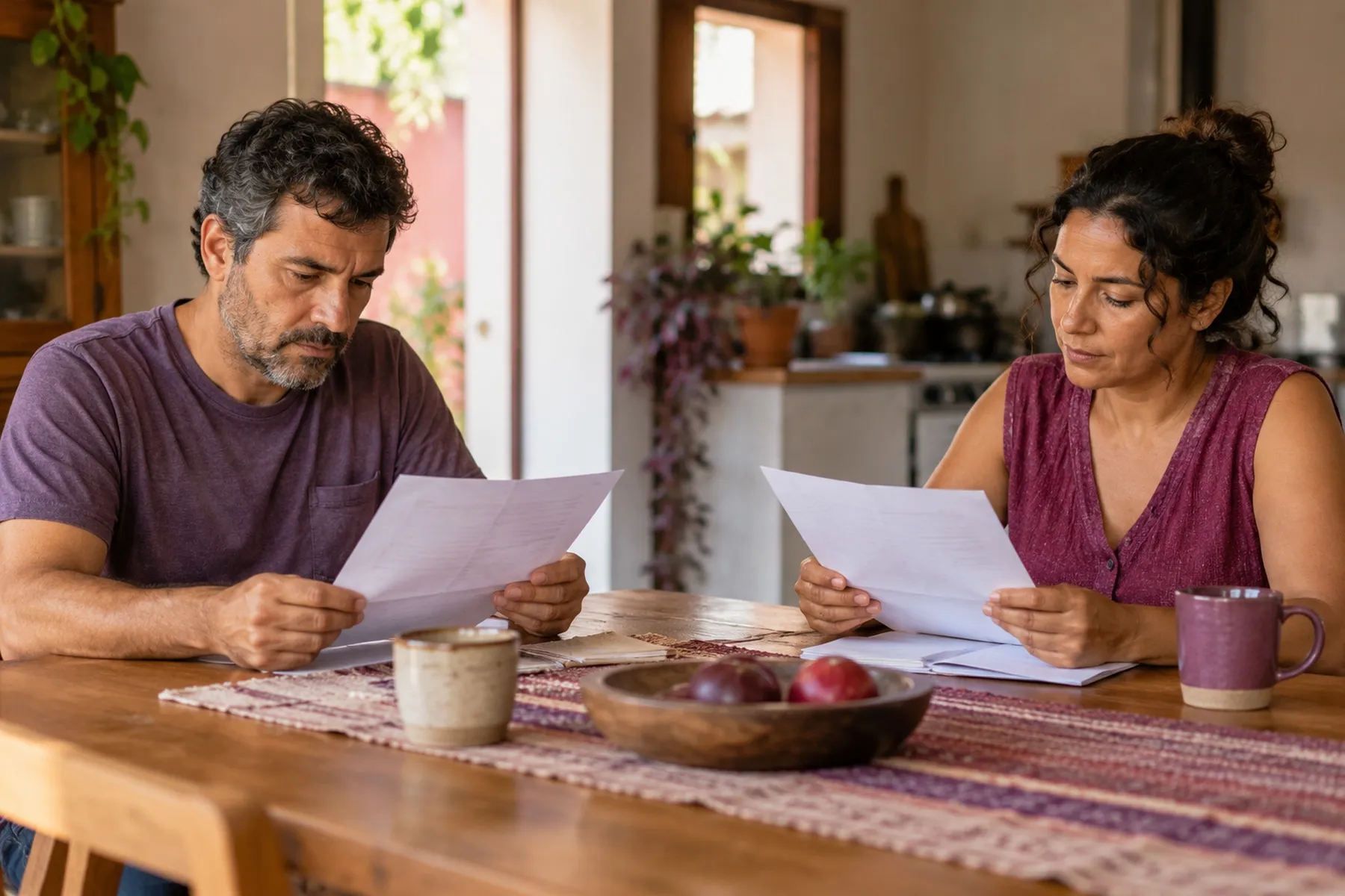 Homem e mulher sentados à mesma mesa, cada um lendo uma via de um documento