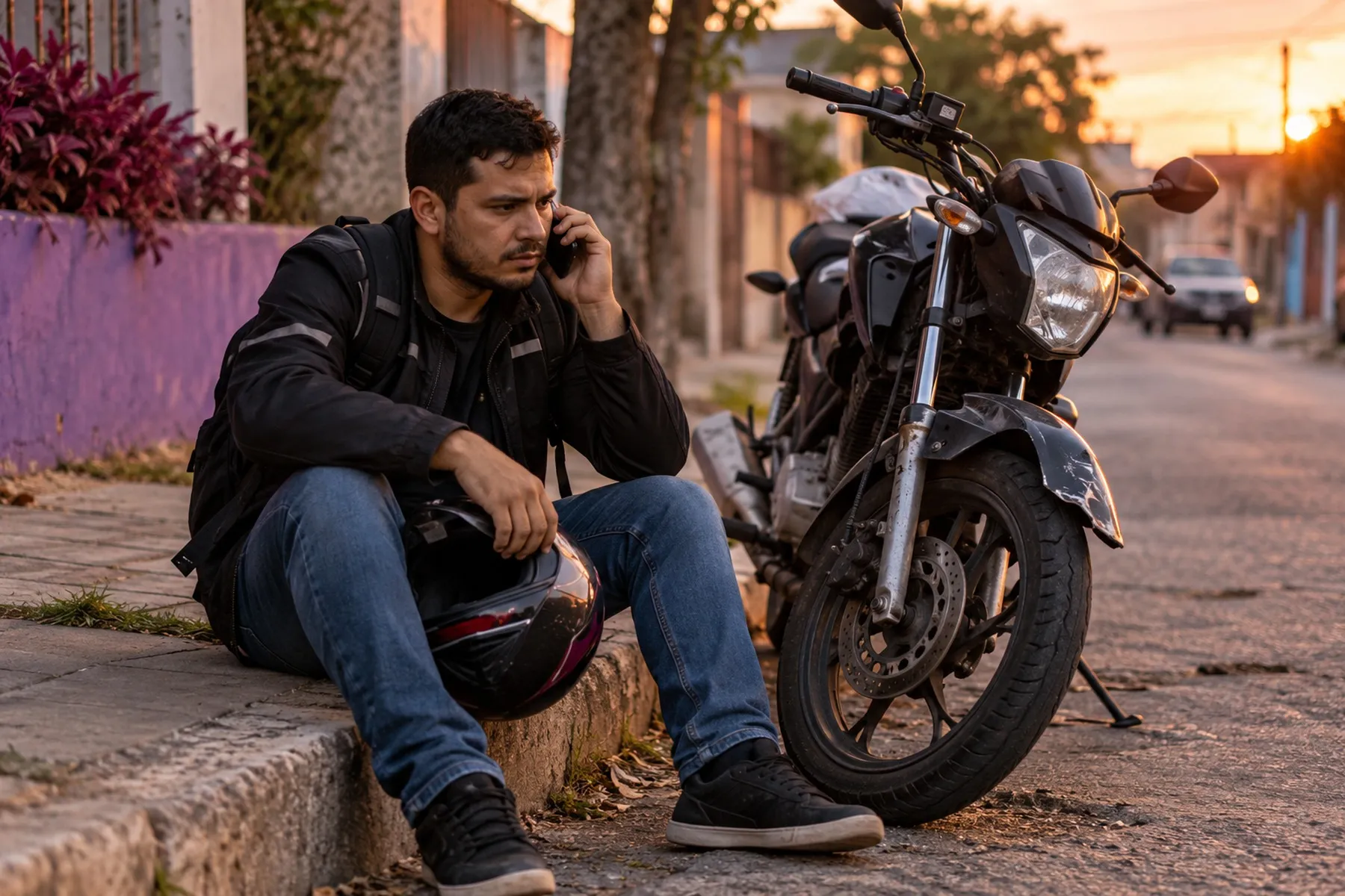 Motociclista sentado na calçada ao lado da moto, com o capacete no colo, falando ao celular