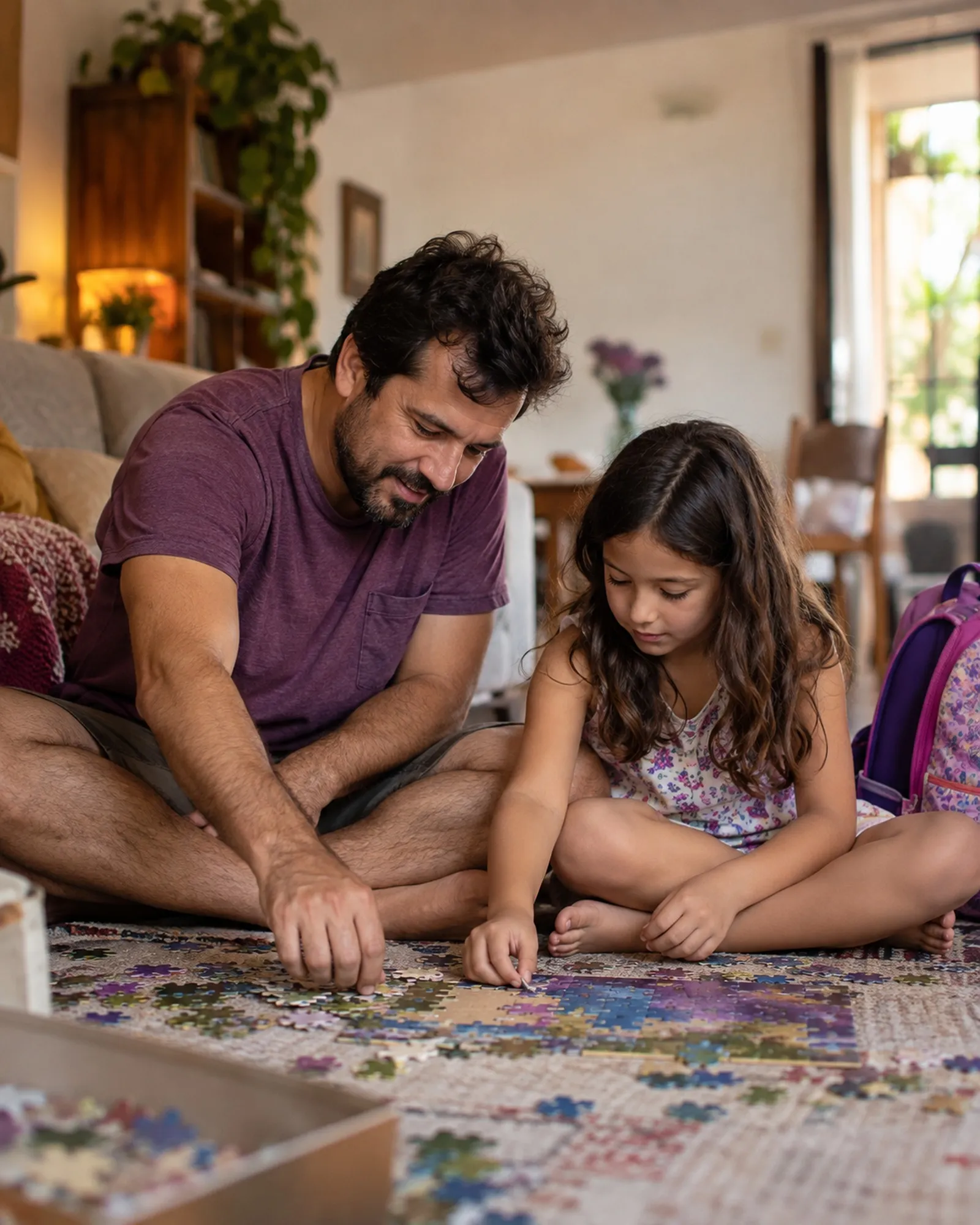 Pai e filha sentados no chão da sala montando um quebra-cabeça