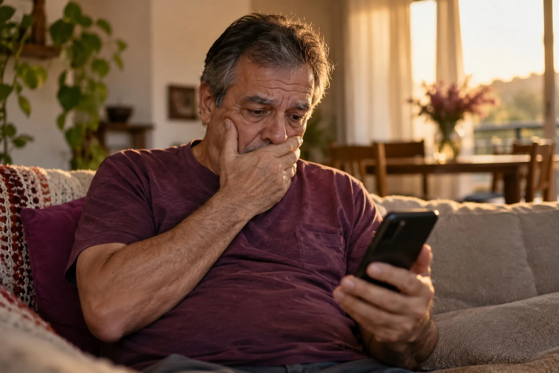 Senhor no sofá olhando o celular com a mão na boca, assustado