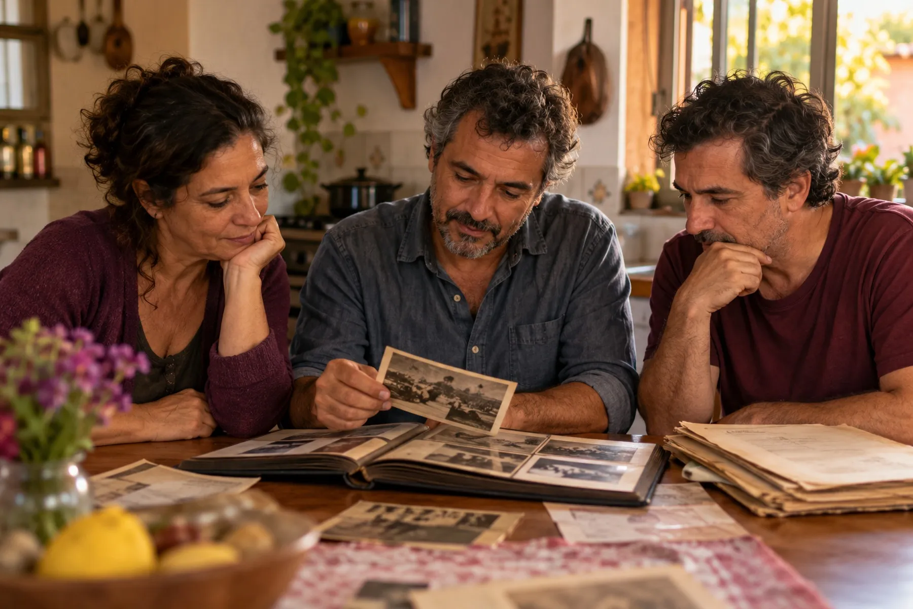 Três irmãos à mesa da cozinha olhando um álbum de fotos antigas e documentos