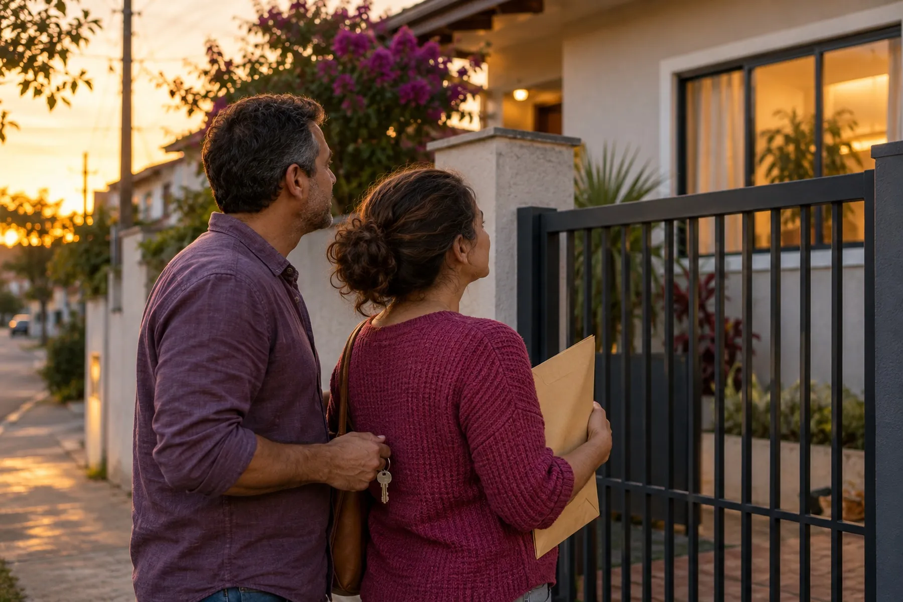 Casal diante do portão fechado de uma casa, ela com um envelope e ele com uma chave