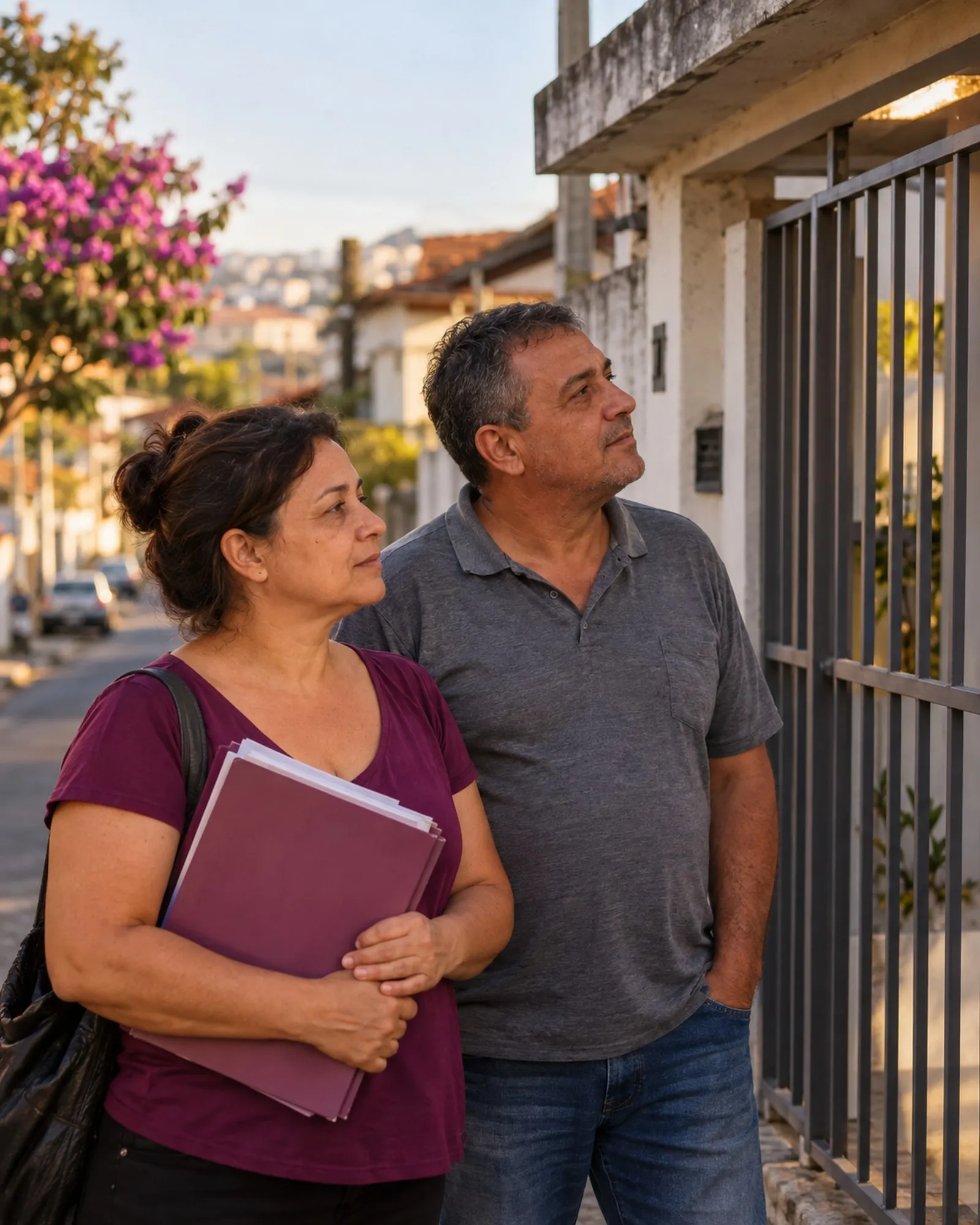 Casal em frente ao portão de uma casa, ela segurando uma pasta de documentos