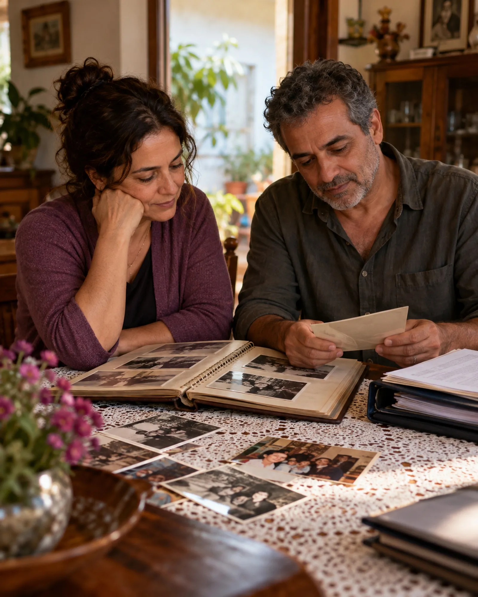 Dois irmãos à mesa olhando um álbum de fotos antigas da família