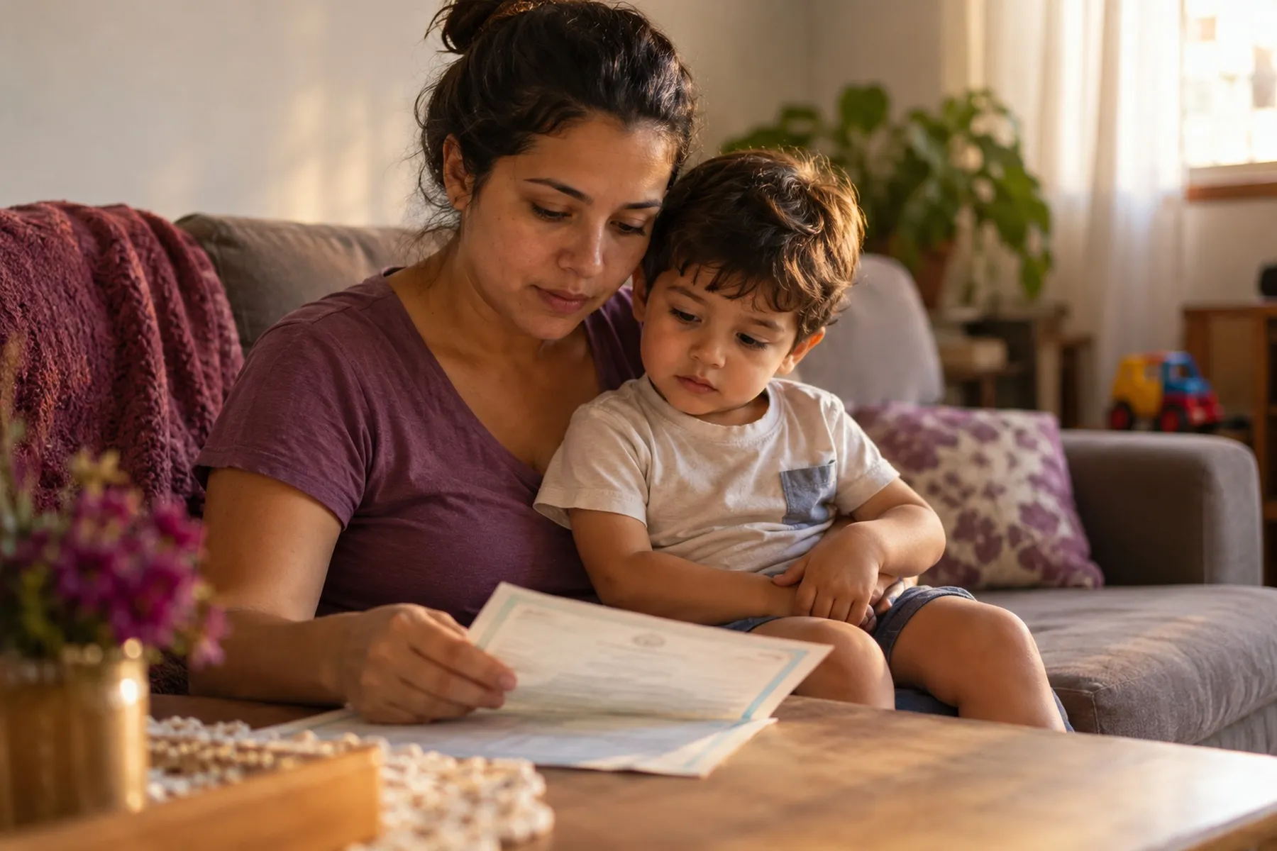Mãe com o filho pequeno no colo, lendo uma certidão no sofá de casa