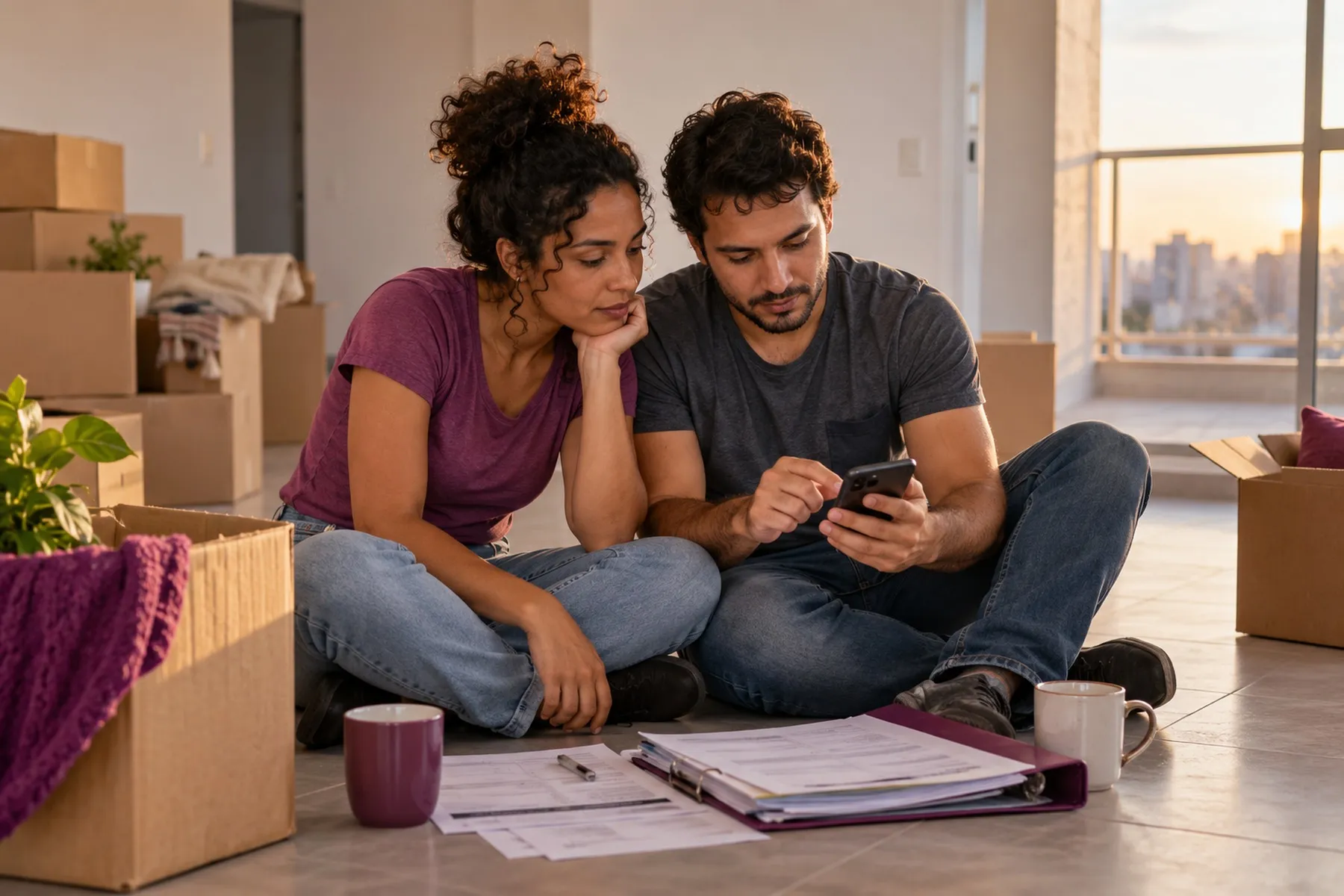 Casal sentado no chão do apartamento novo, entre caixas de mudança, fazendo contas no celular
