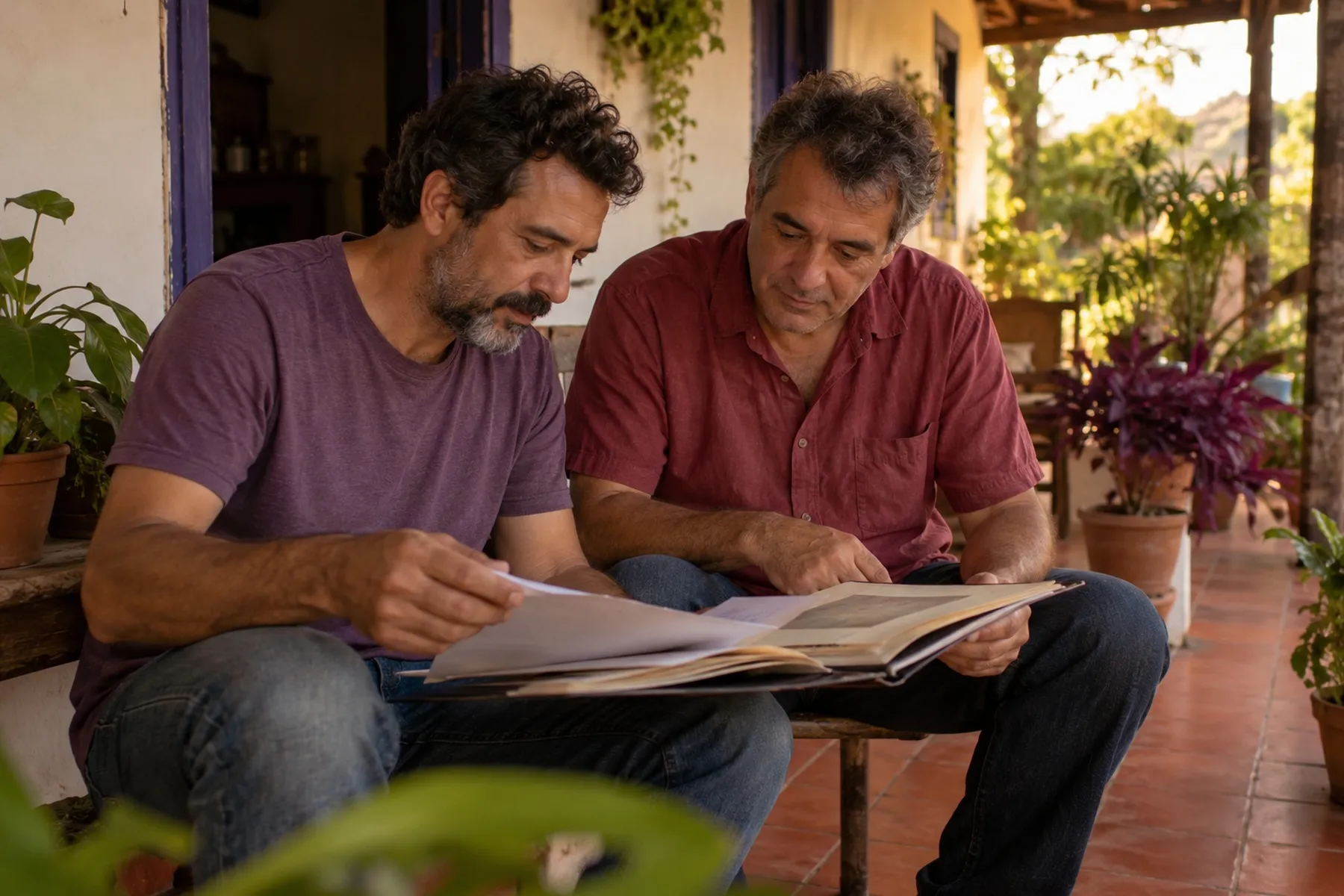 Dois irmãos na varanda de uma casa antiga olhando juntos uma pasta de documentos