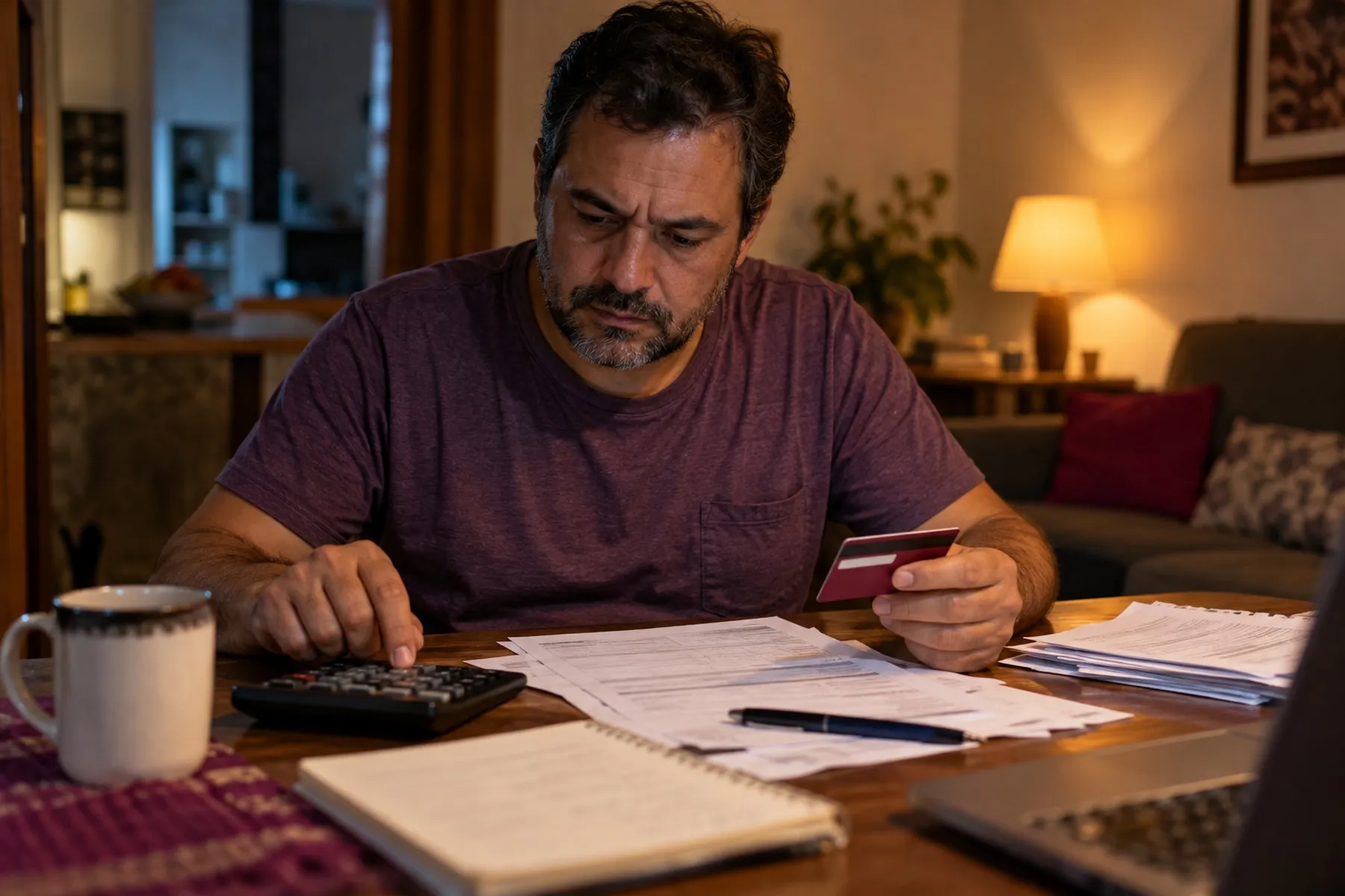 Homem fazendo contas com calculadora e cartão diante de um contrato, à noite
