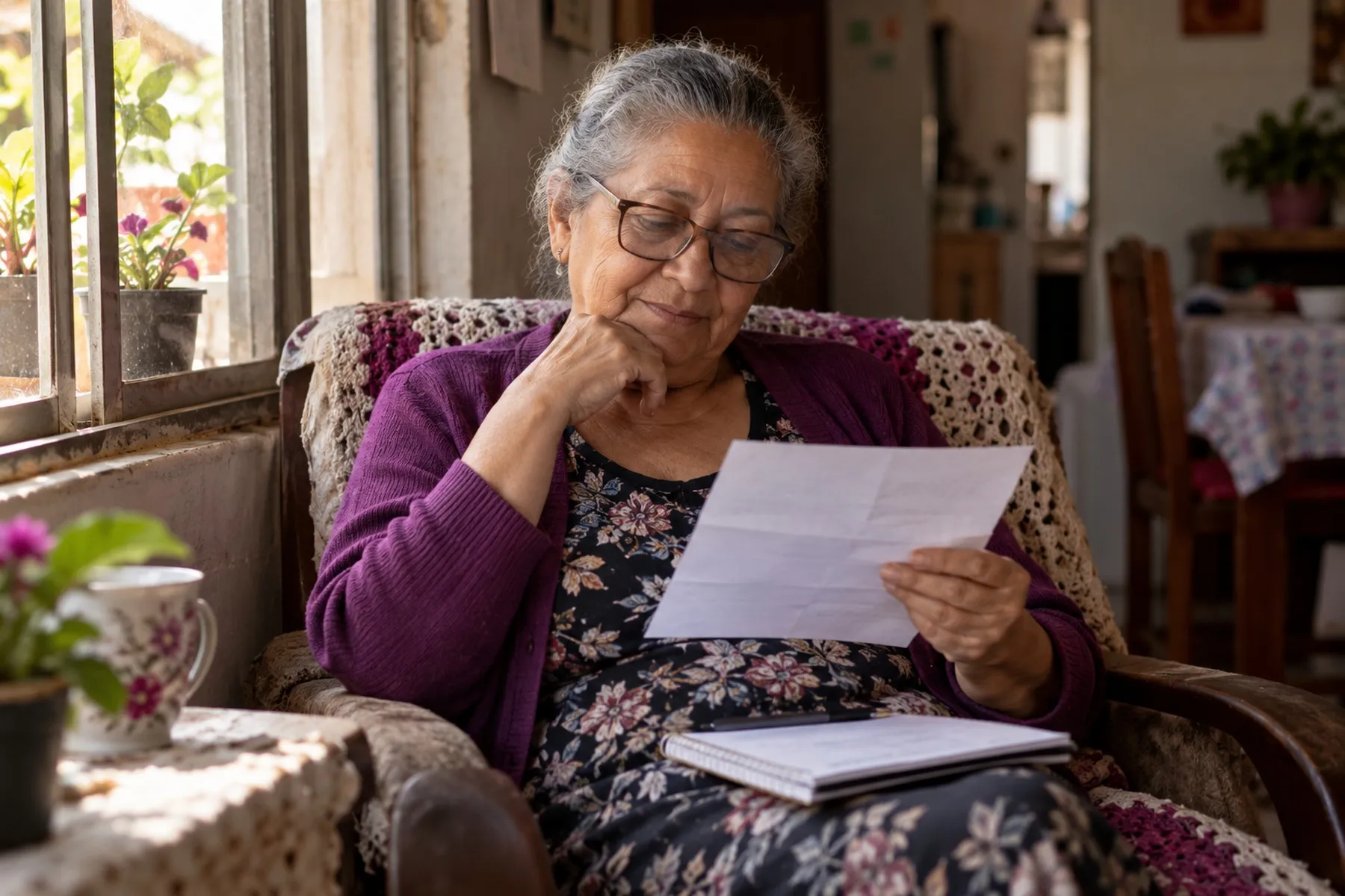 Senhora de óculos lendo uma carta com atenção, sentada perto da janela