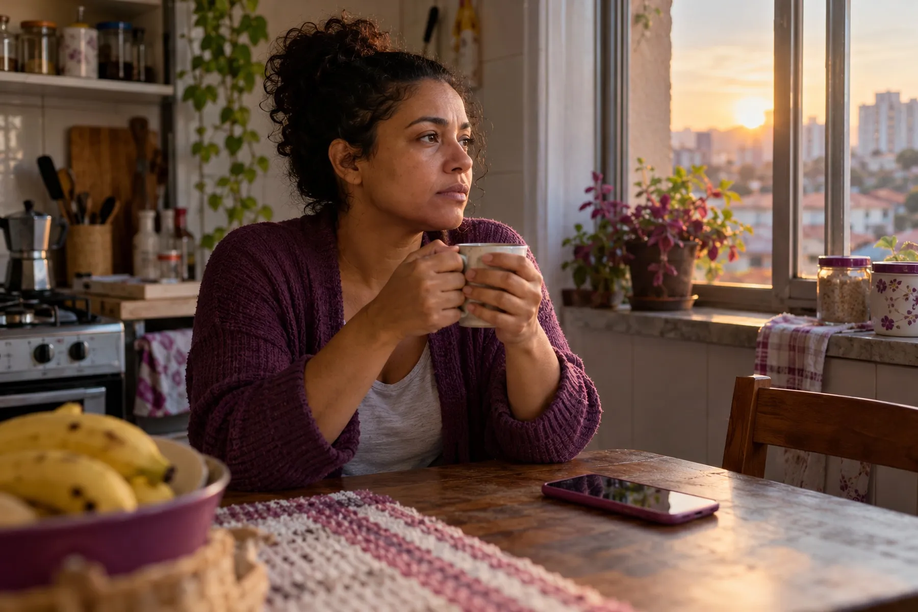 Mulher sentada na cozinha ao amanhecer, segurando uma caneca e olhando pela janela