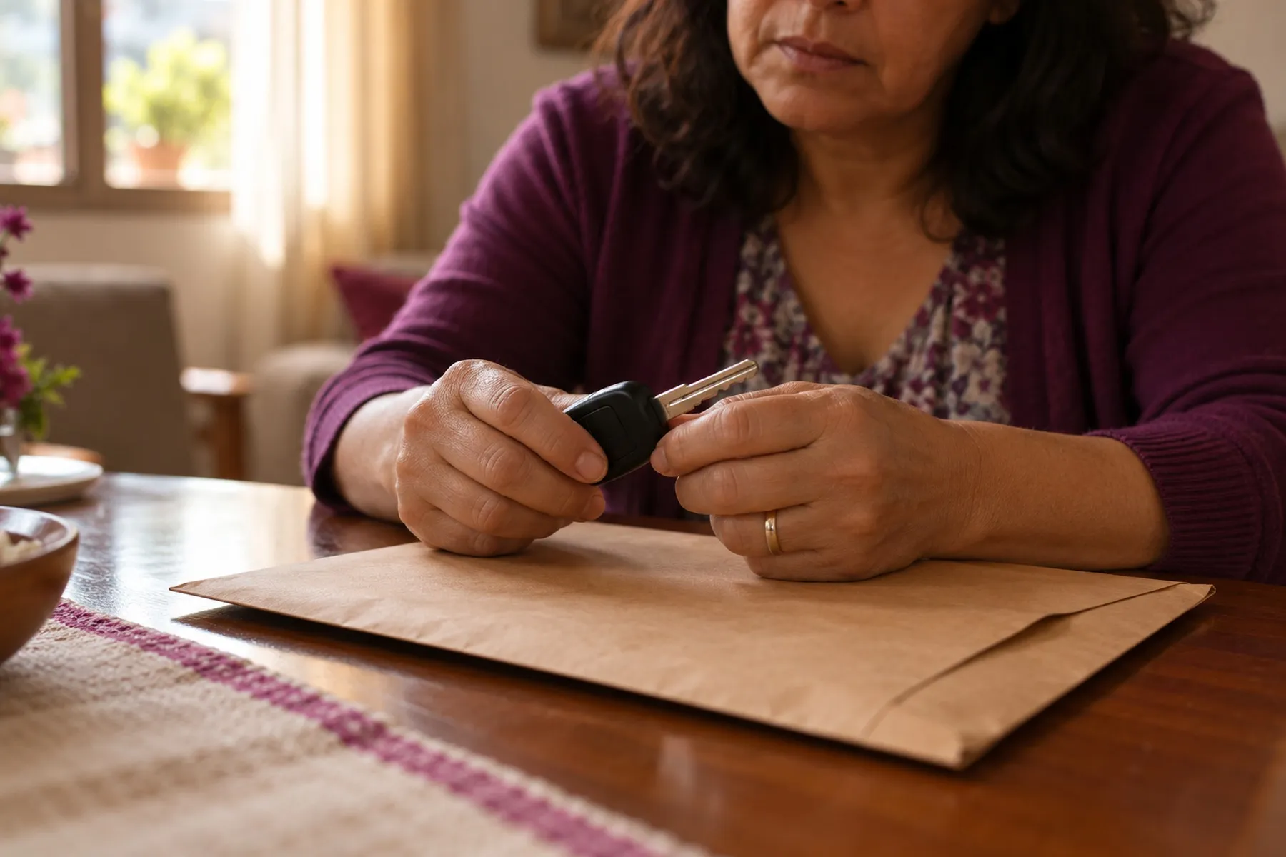 Mãos de uma mulher segurando a chave de um carro sobre um envelope pardo