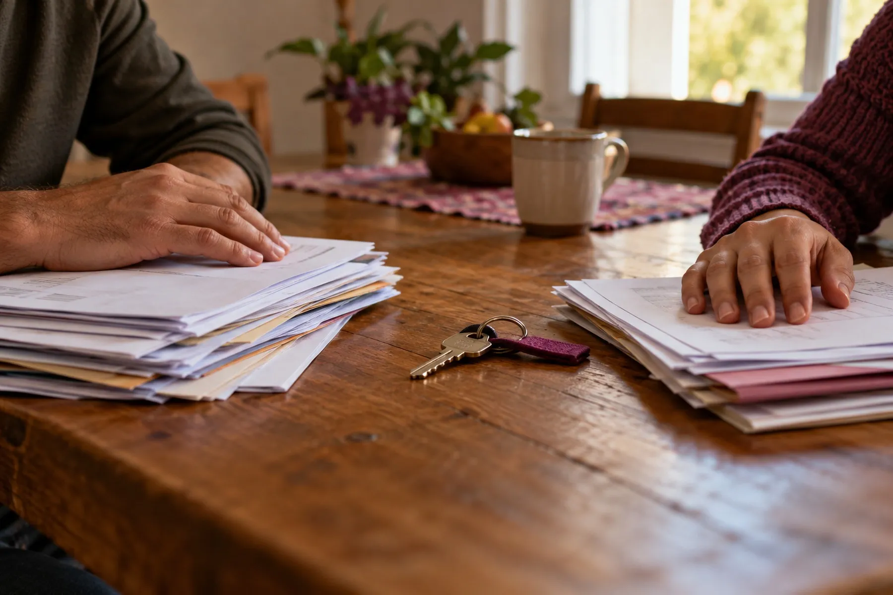 Duas mãos sobre montes de documentos numa mesa de madeira, com uma chave de casa no meio