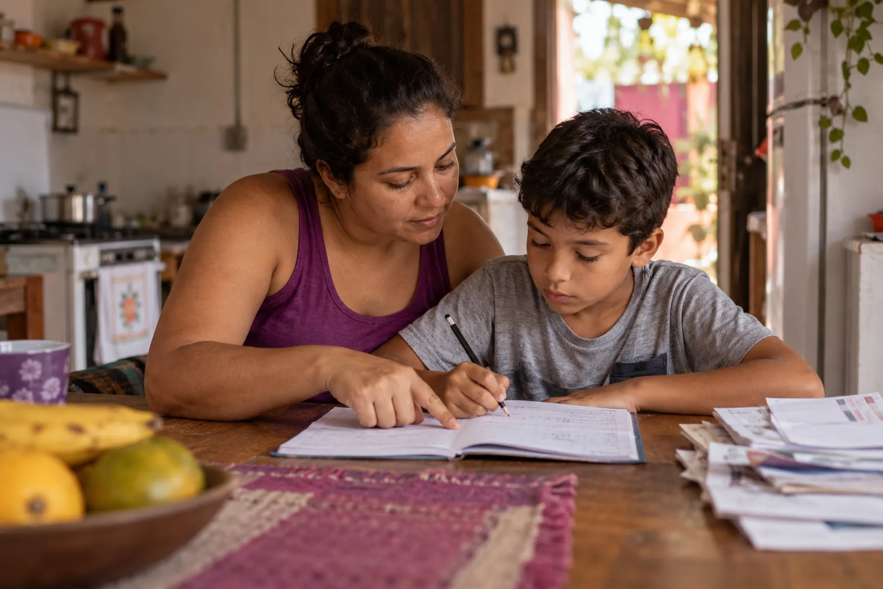 Mãe ajudando o filho com a lição de casa na mesa da cozinha