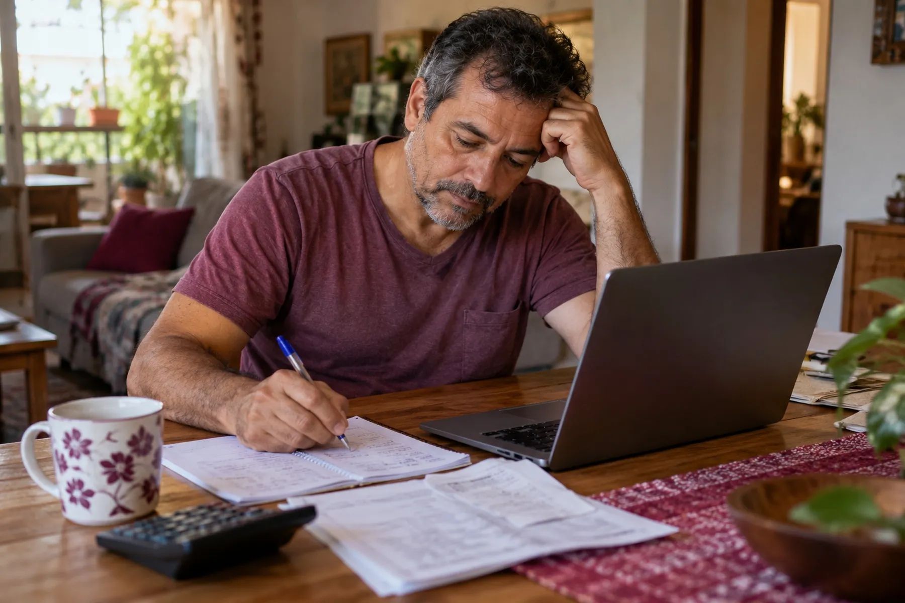 Homem fazendo contas à mesa da sala, com notebook, calculadora e papéis