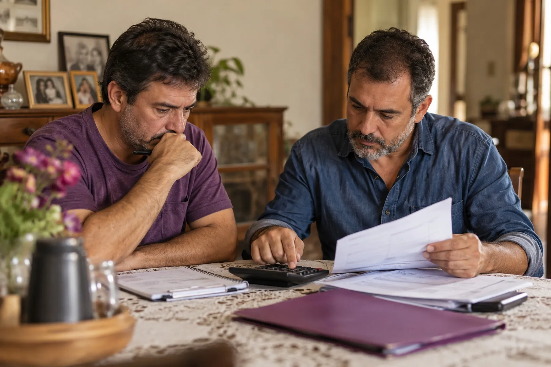 Dois irmãos à mesa da sala fazendo contas com calculadora e documentos