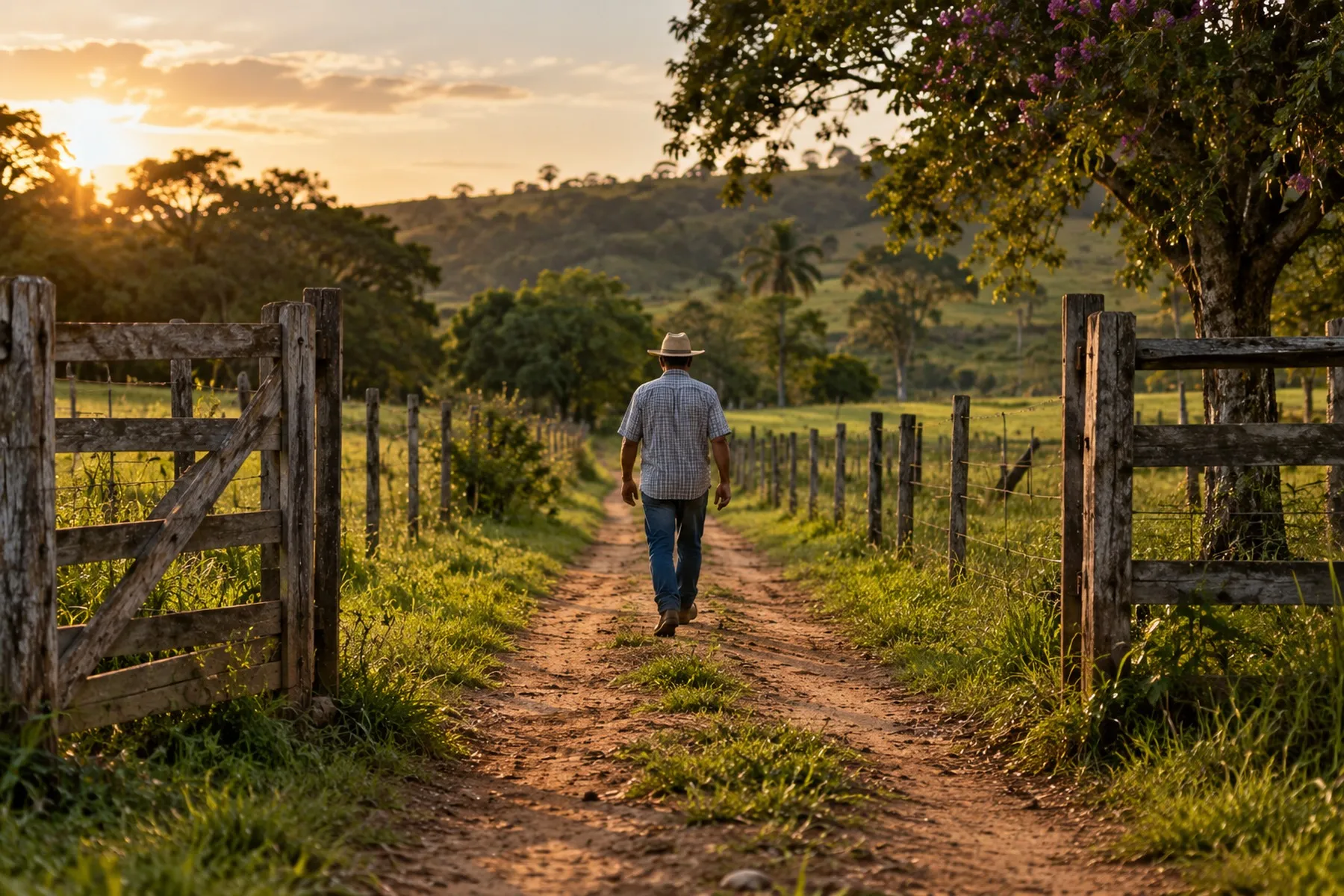 Caminho de terra entre dois terrenos cercados, com uma porteira aberta