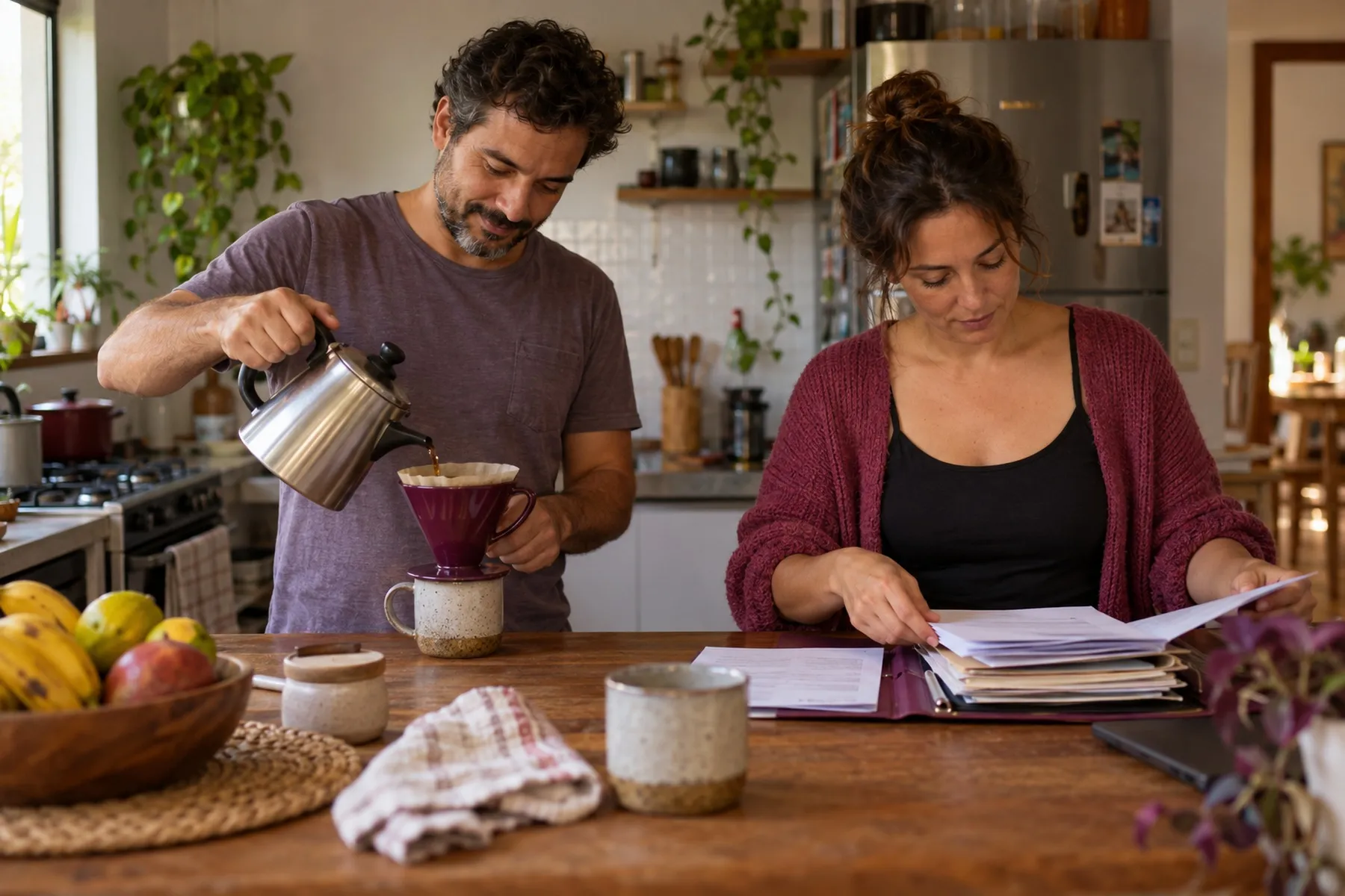 Casal na cozinha, ele passando café e ela organizando papéis numa pasta