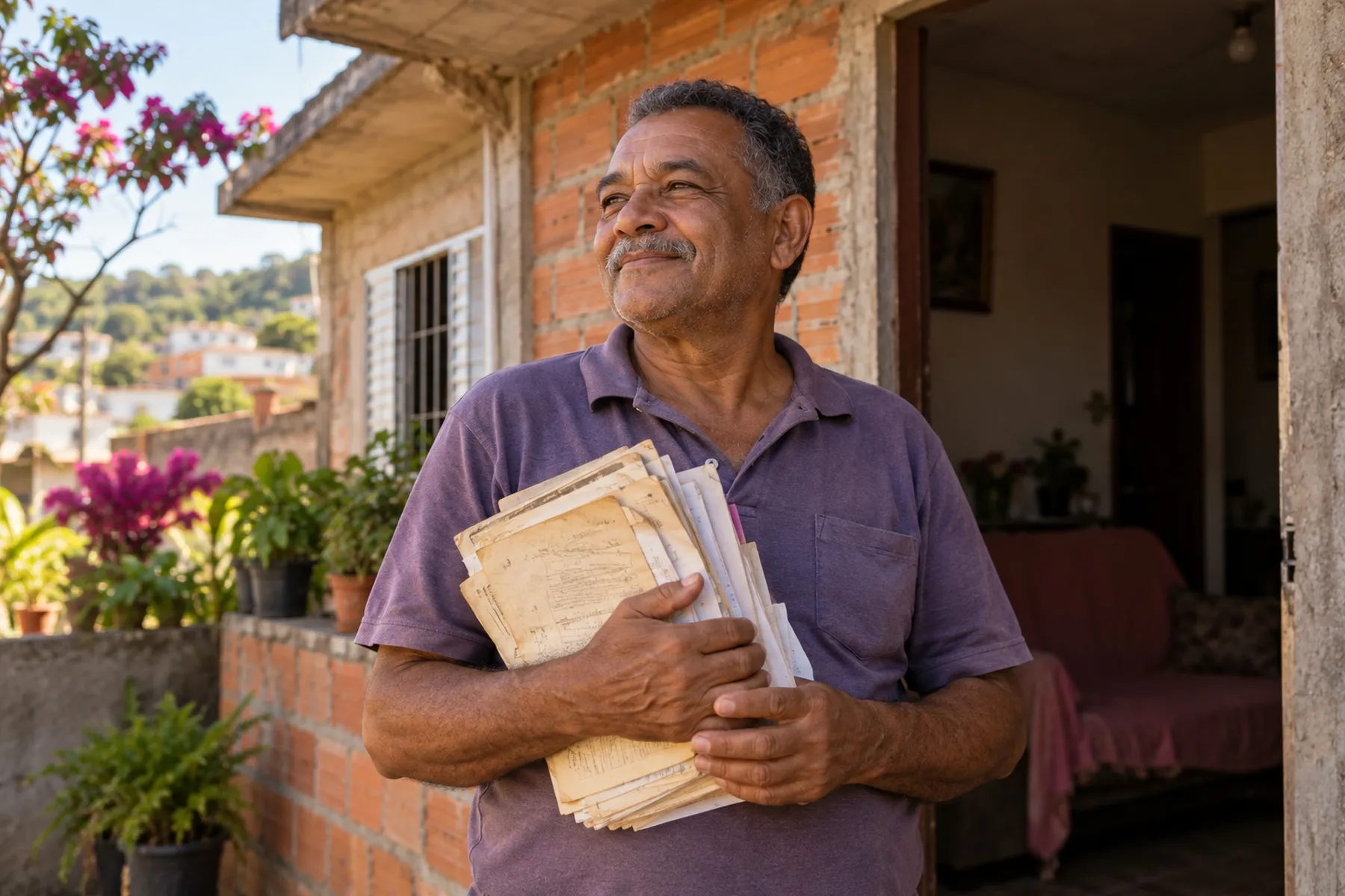 Homem na porta de uma casa simples de tijolos, segurando carnês e recibos antigos