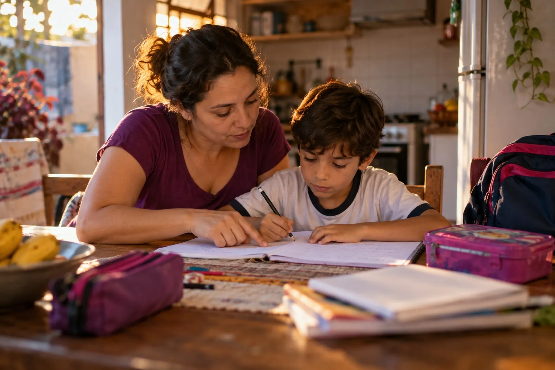Mãe ajudando o filho com o dever de casa na mesa da cozinha