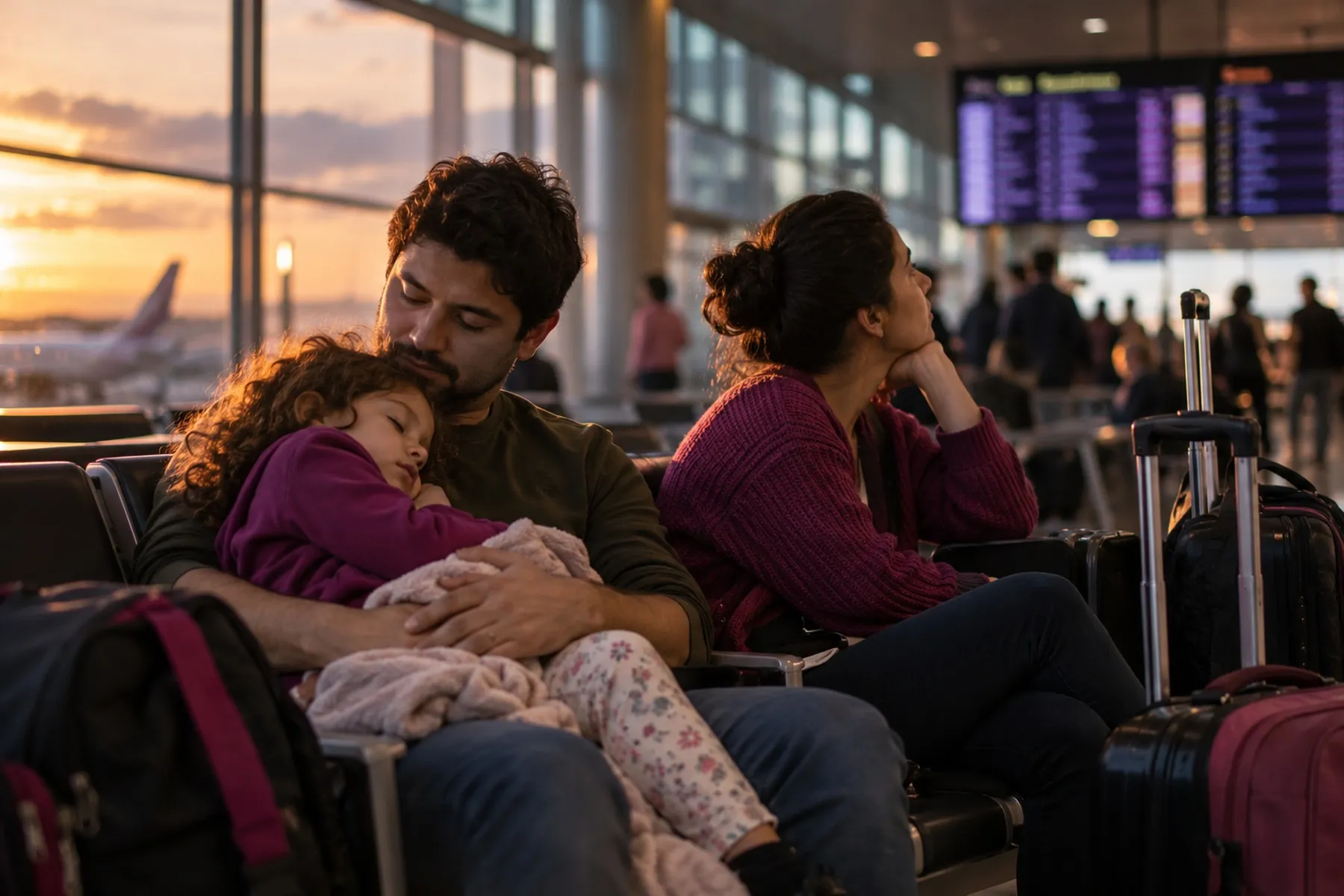 Família esperando no saguão de um aeroporto, com a filha dormindo no colo do pai